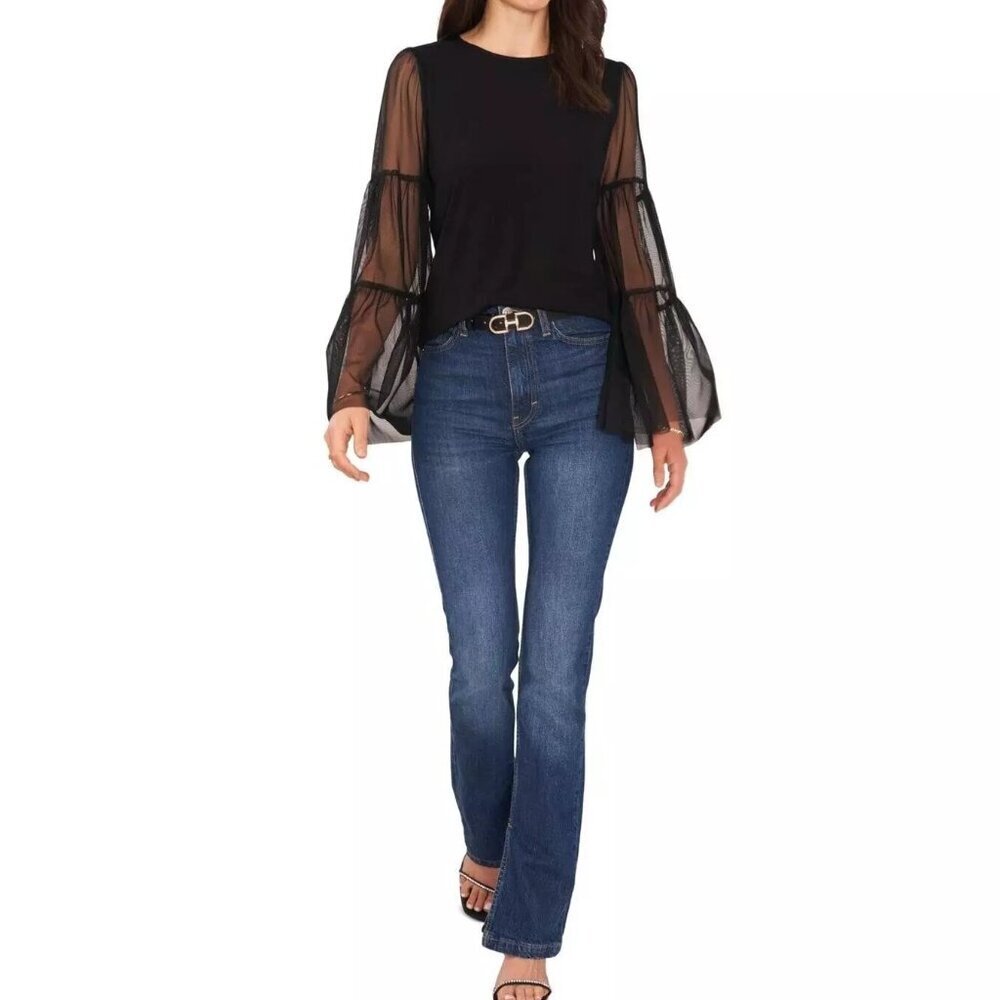 Vince Camuto Women's Mix Media Top with Tier Mesh Bell, Rich Black - Picture 3 of 3